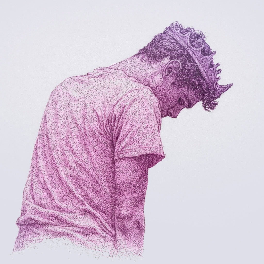 Young man wearing a crown, looking down thoughtfully, symbolizing elegance and royalty.