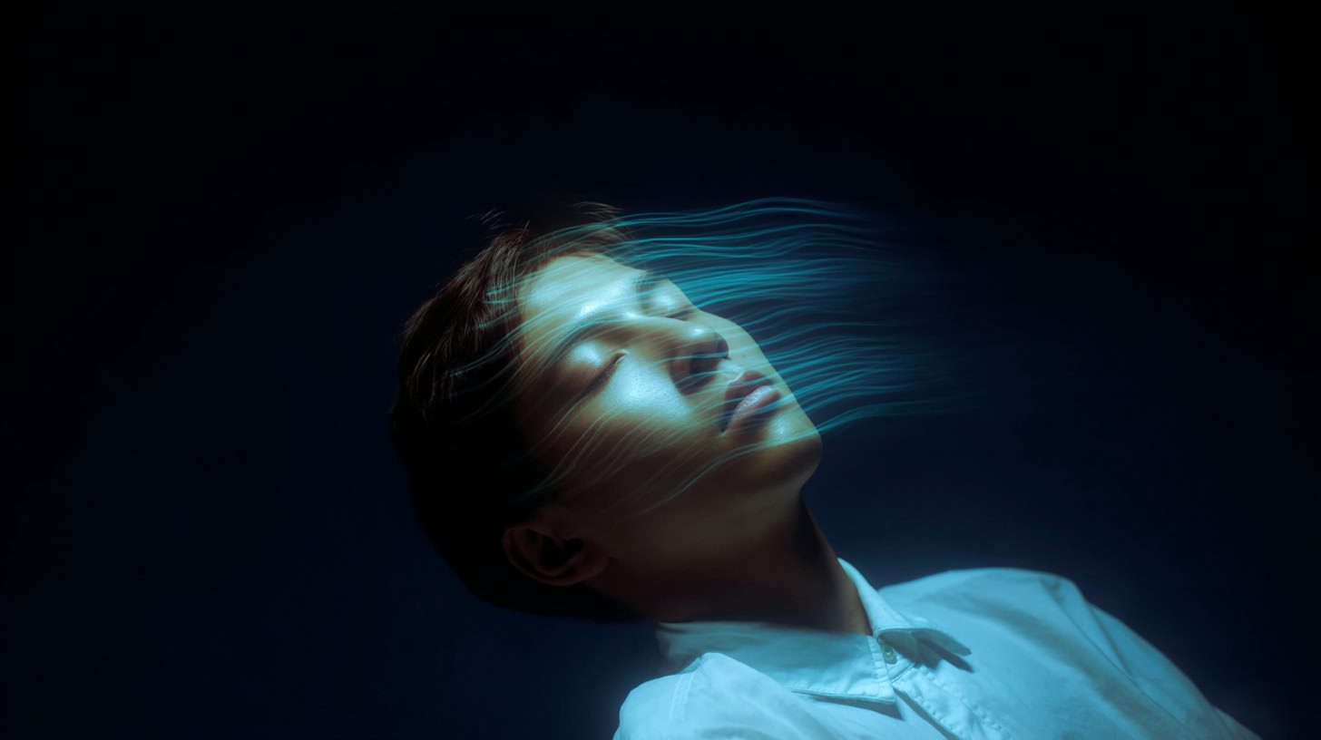 Woman submerged underwater with flowing hair and serene expression.