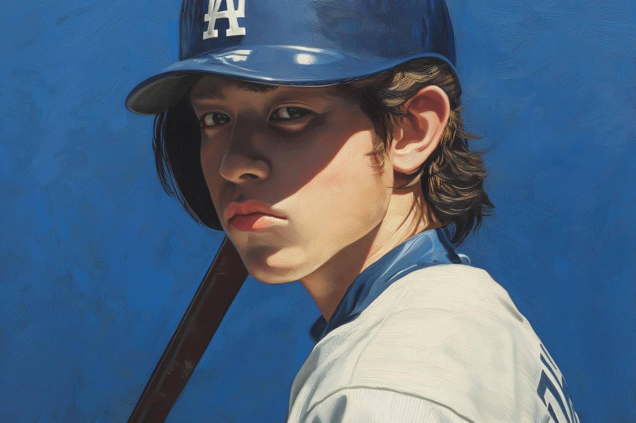 Baseball player in Los Angeles Dodgers uniform holding bat.