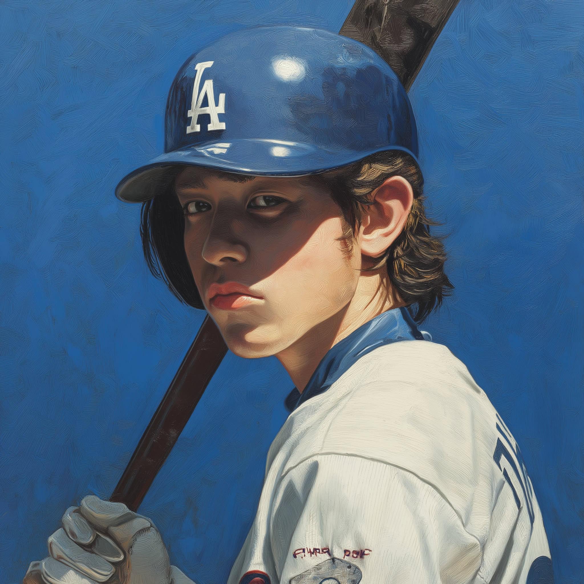 Baseball player in Los Angeles Dodgers uniform holding bat.