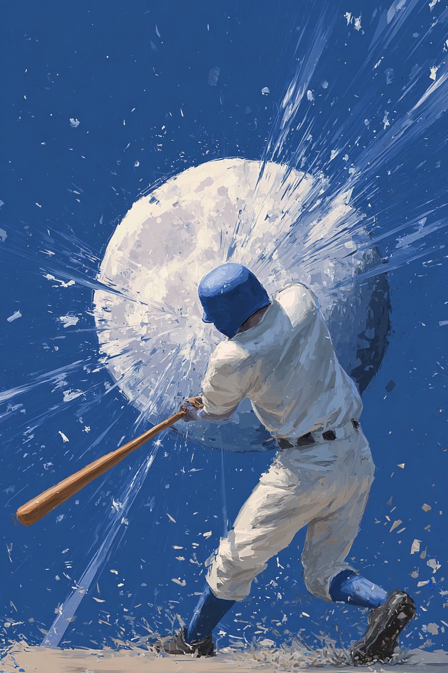 Baseball player swinging bat with blue background splash.