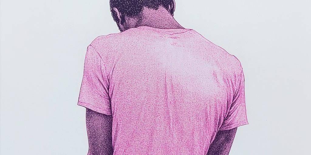 Person in pink T-shirt, back view, minimalistic style, simple background.