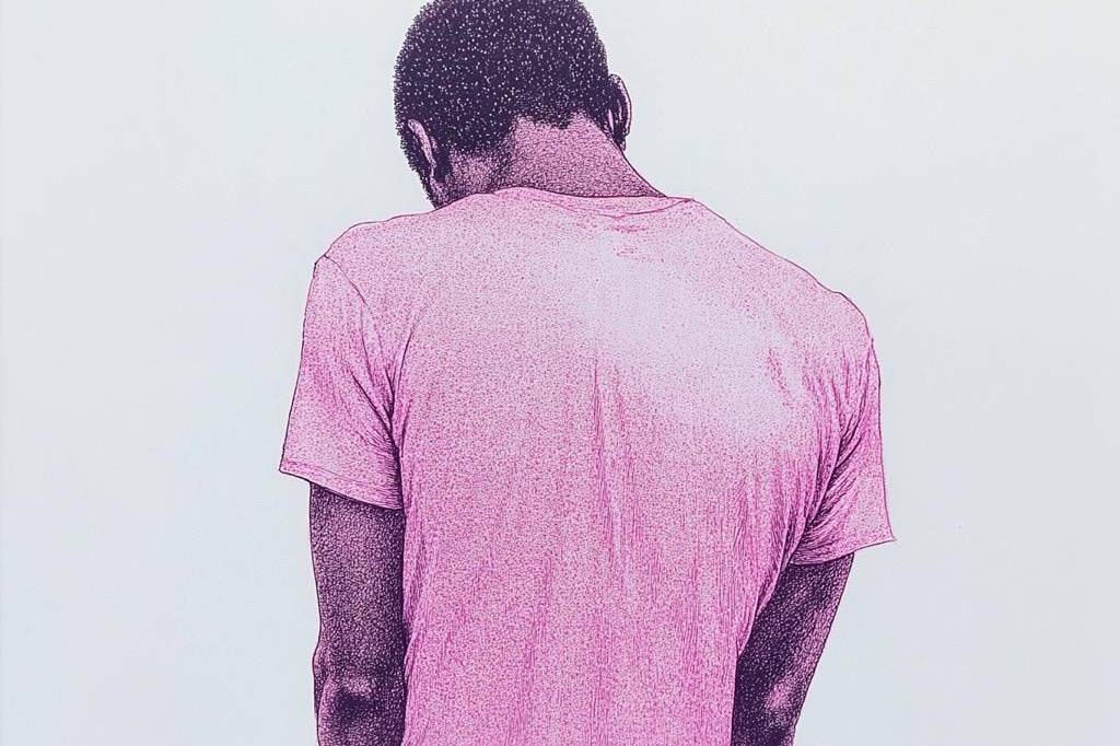 Person in pink T-shirt, back view, minimalistic style, simple background.