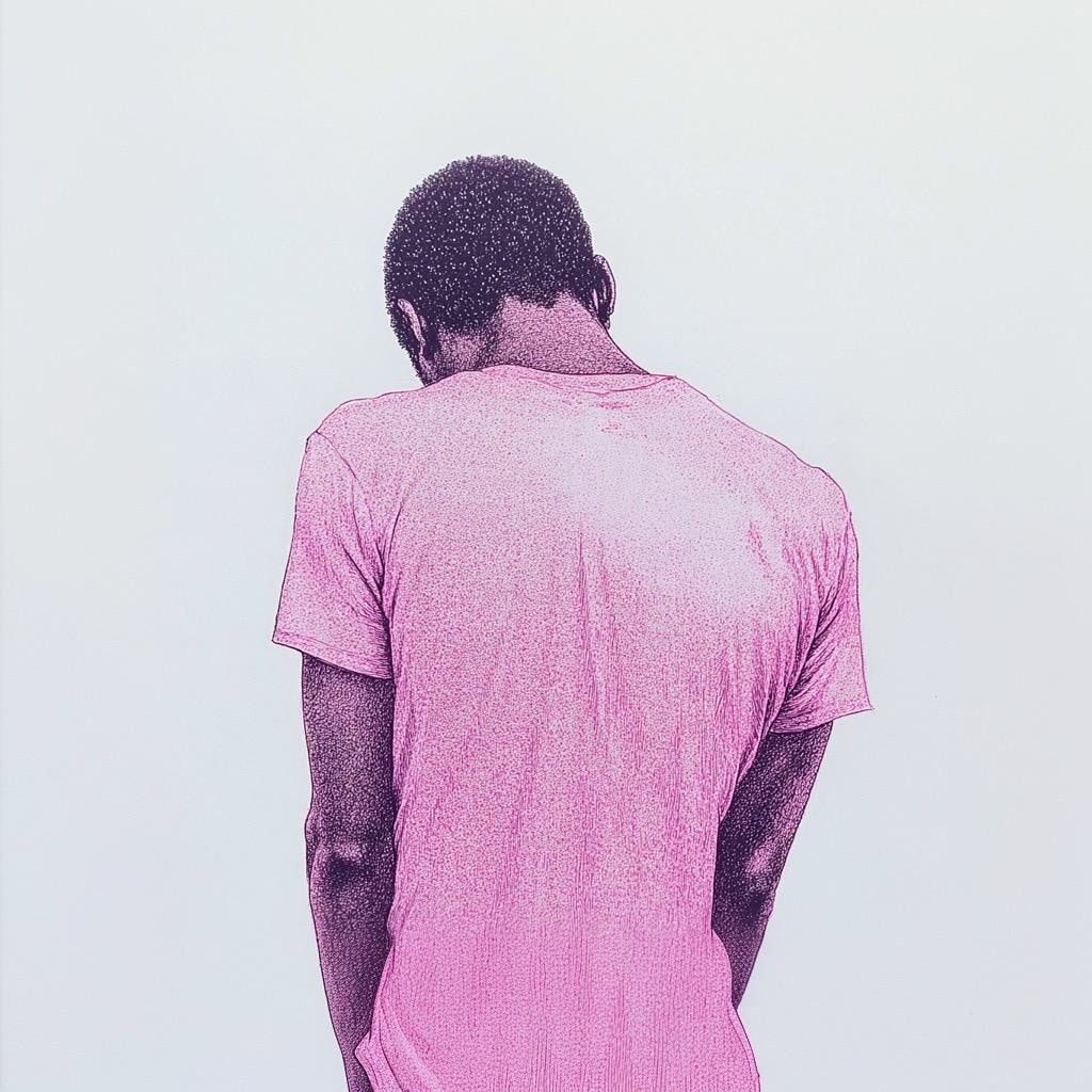 Person in pink T-shirt, back view, minimalistic style, simple background.