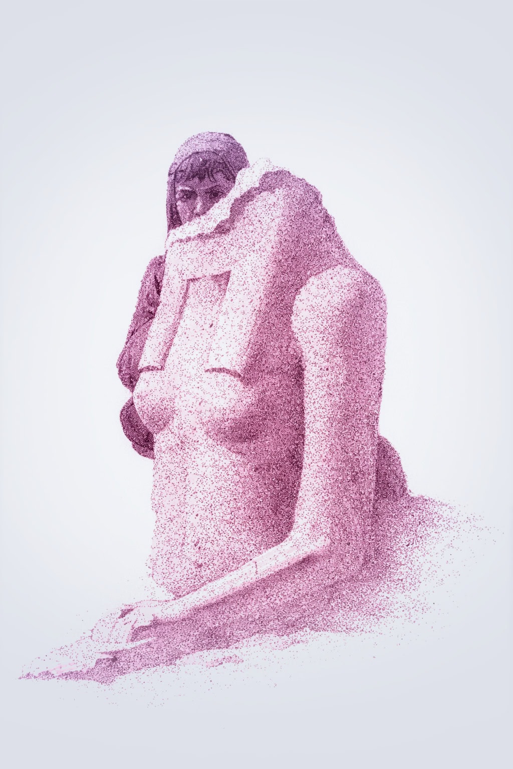 Sand sculpture of a woman with a book, crafted with pink sand.