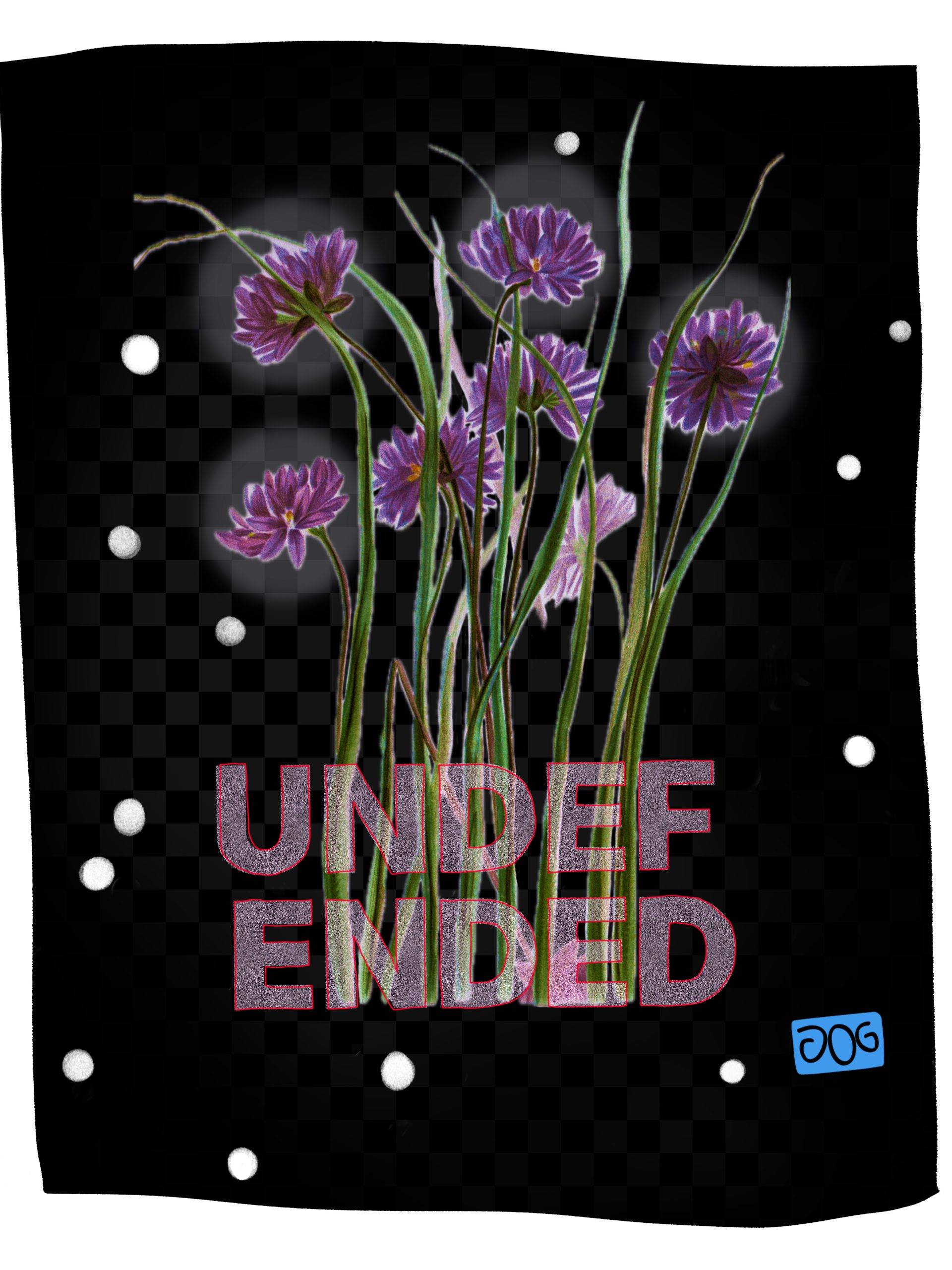 Purple flowers with green stems on black background.
