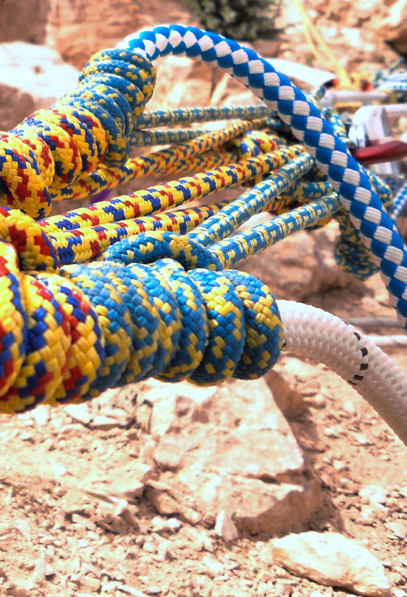 Vibrant climbing ropes with blue, yellow, and white patterns on rocky terrain.