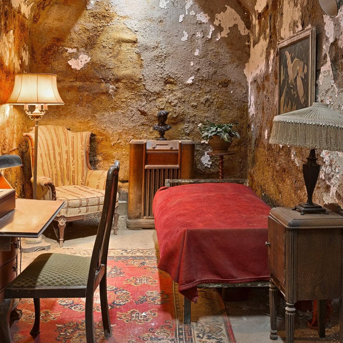 Cozy vintage room with antique furniture and rustic walls.