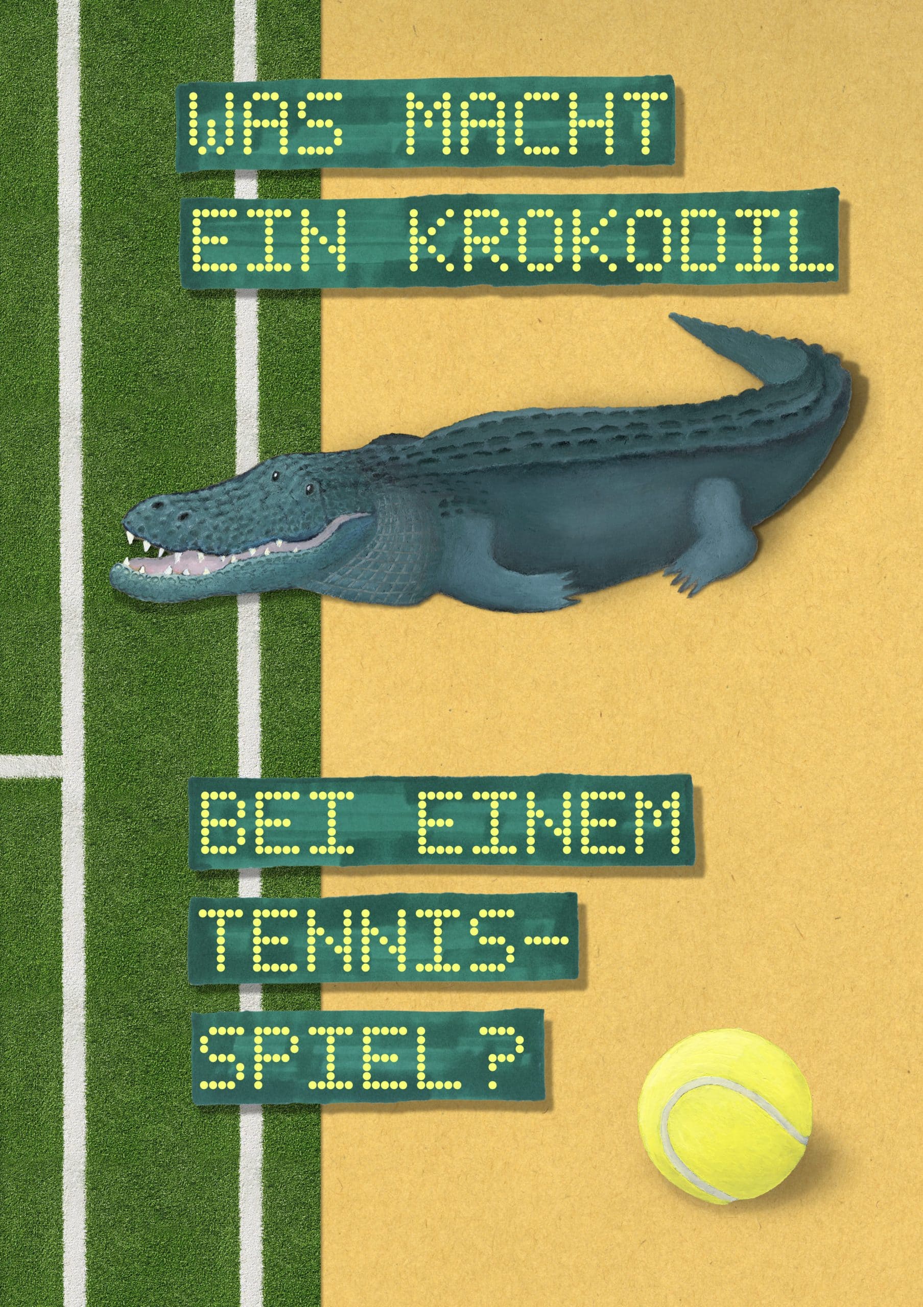 Crocodile themed tennis game with text in German and a tennis ball.