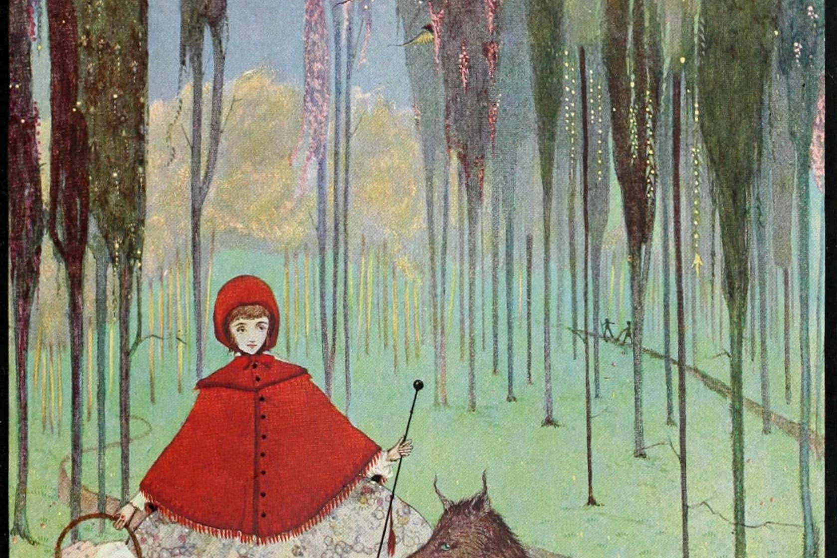 Girl in red cloak with wolf in enchanted forest setting.