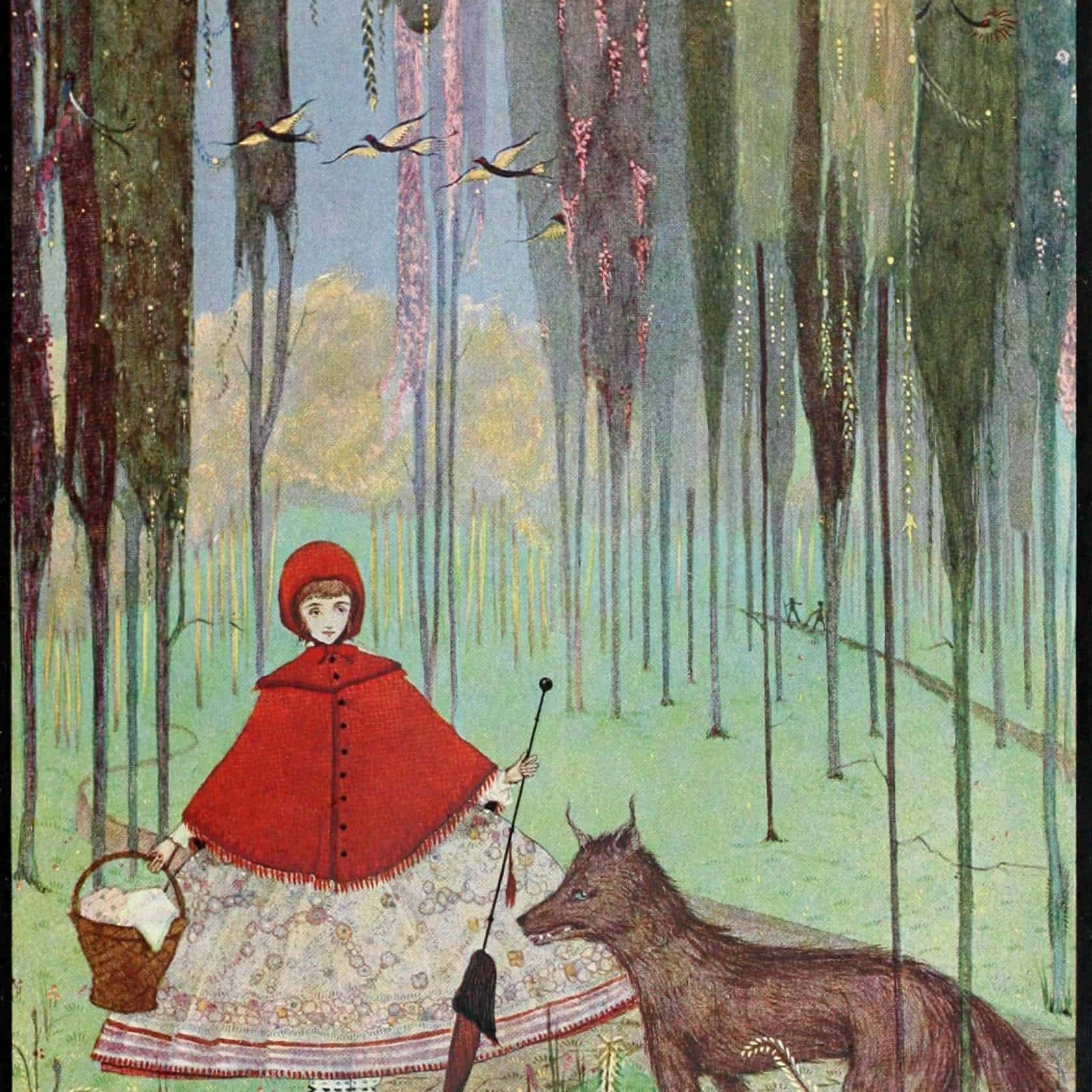 Girl in red cloak with wolf in enchanted forest setting.