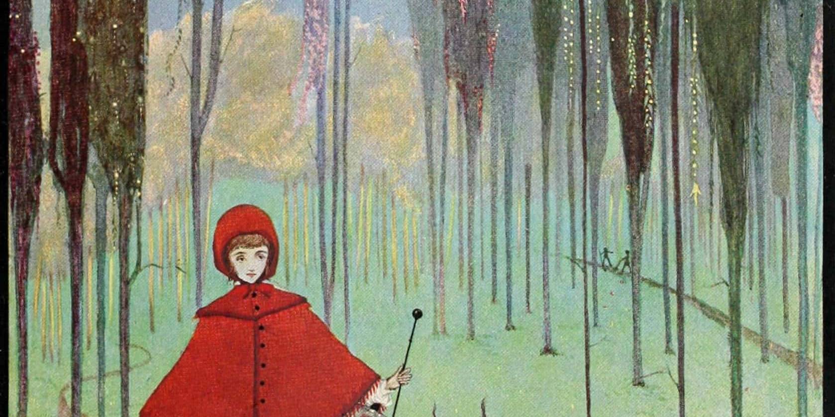 Girl in red cloak with wolf in enchanted forest setting.