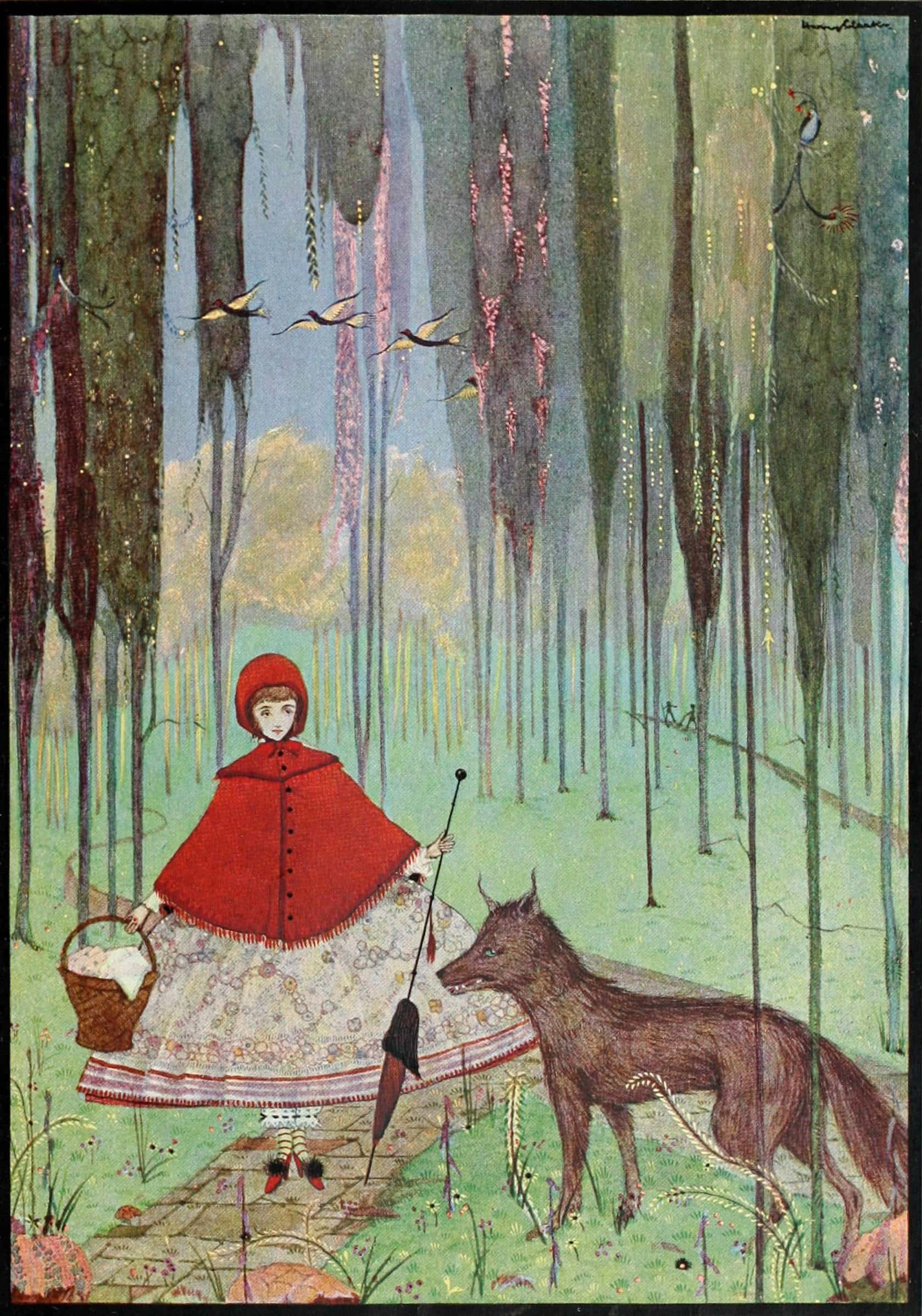Girl in red cloak with wolf in enchanted forest setting.