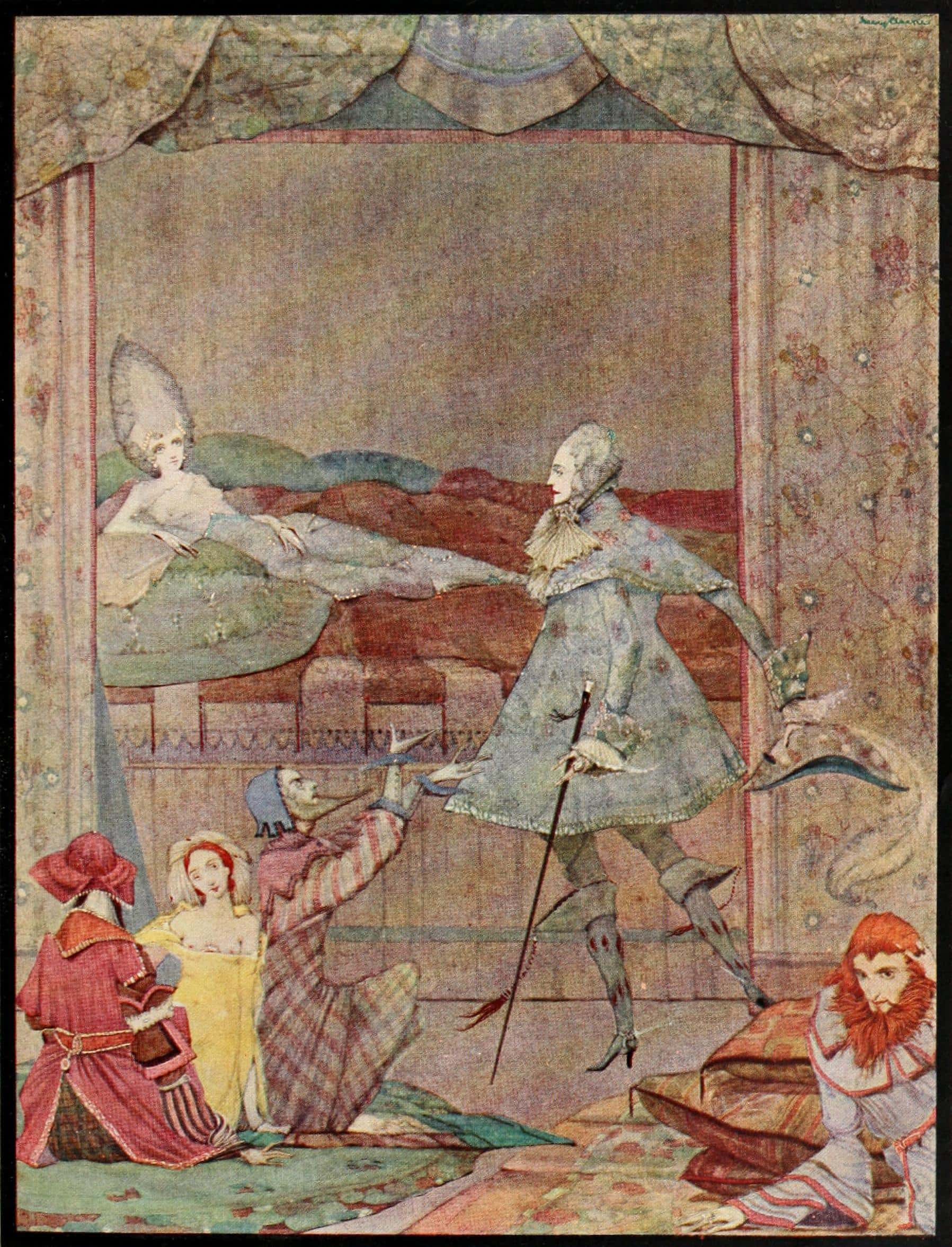Vintage fairy tale illustration with upside-down characters and whimsical setting.