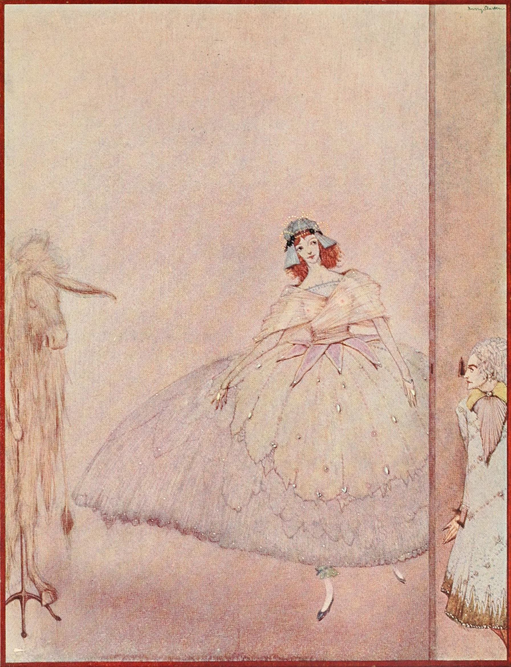 Vintage illustration of a fairy tale character in a large dress and a small figure nearby.