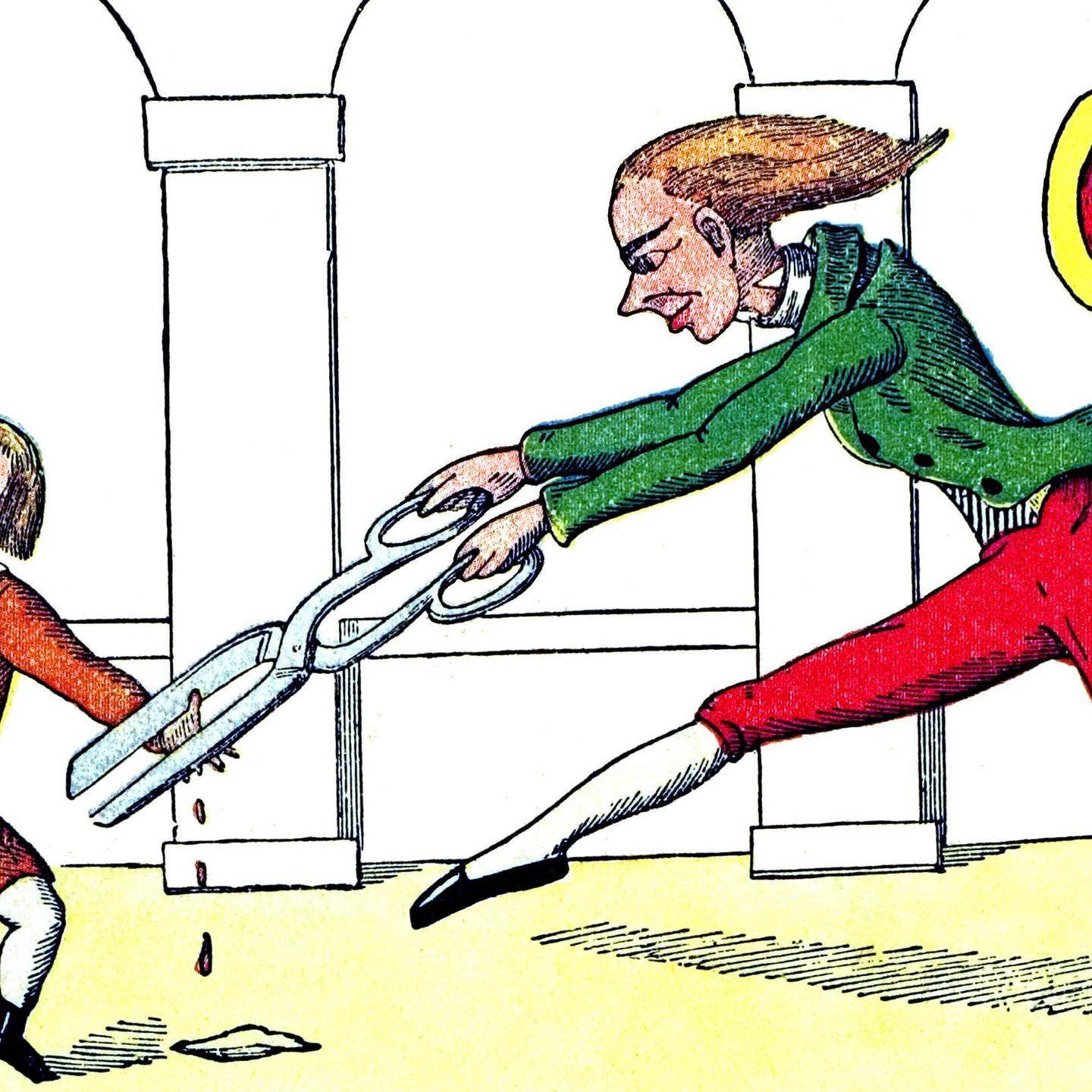 A woman in green and red chases a girl with scissors in a cartoon scene.