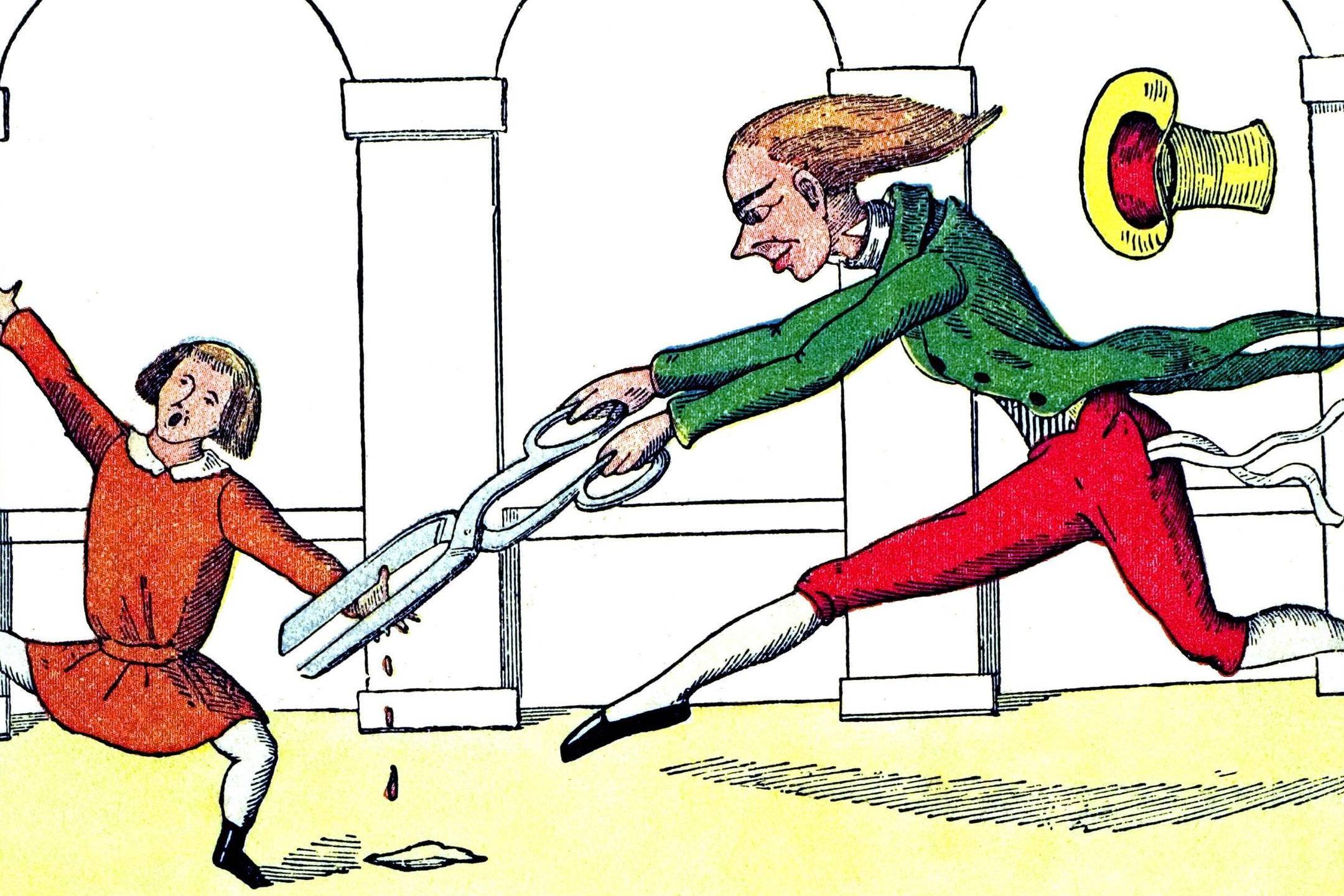 A woman in green and red chases a girl with scissors in a cartoon scene.