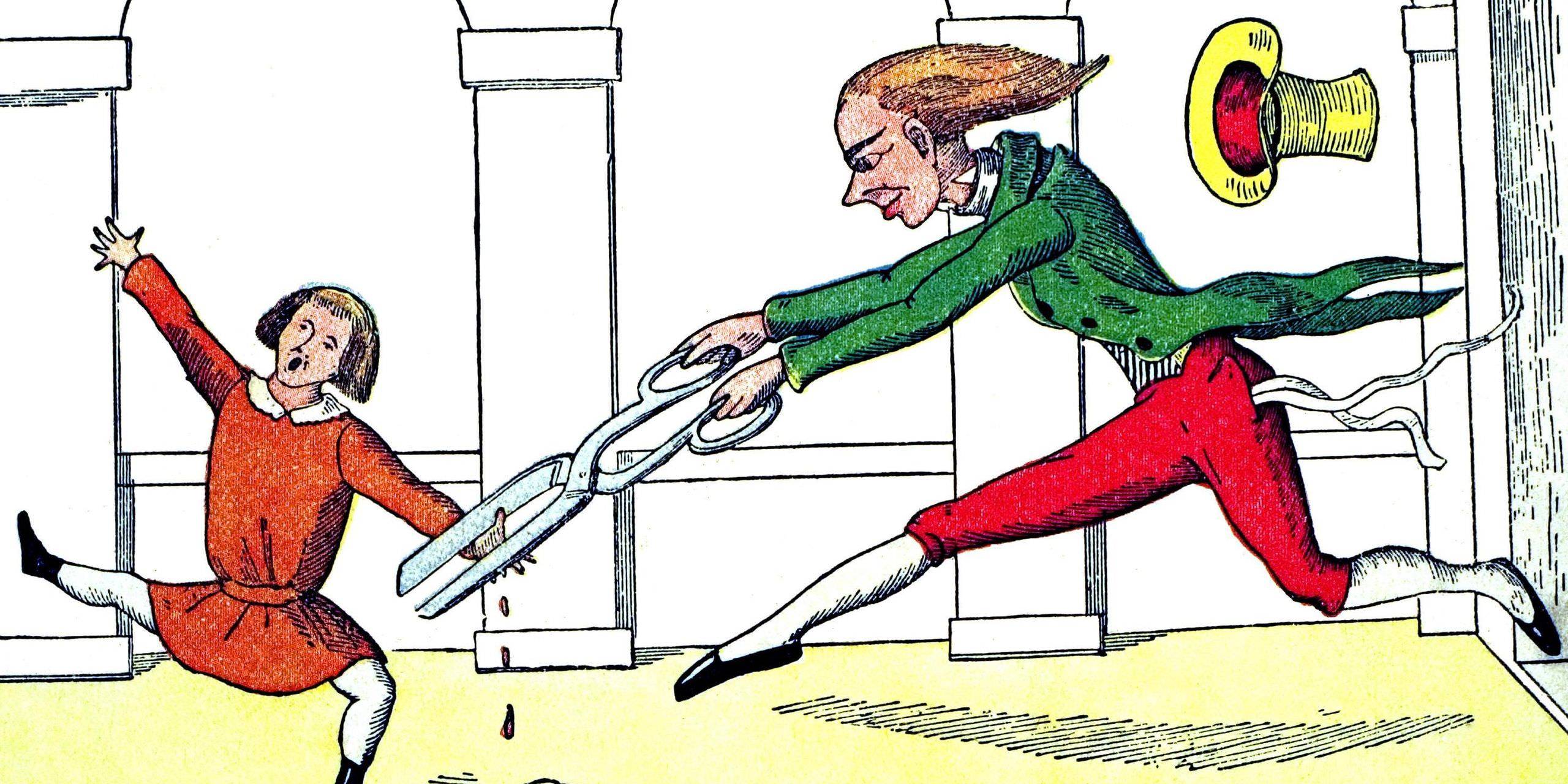 A woman in green and red chases a girl with scissors in a cartoon scene.
