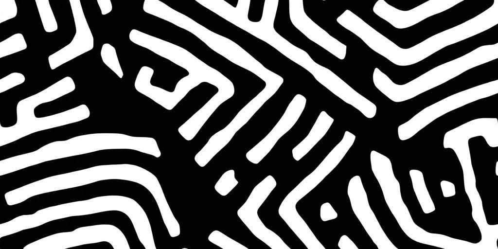 Black and white maze pattern with intricate lines and geometric shapes.