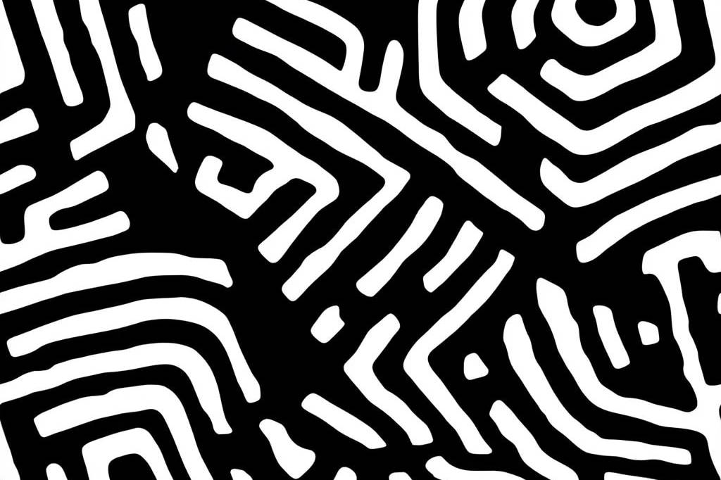 Black and white maze pattern with intricate lines and geometric shapes.