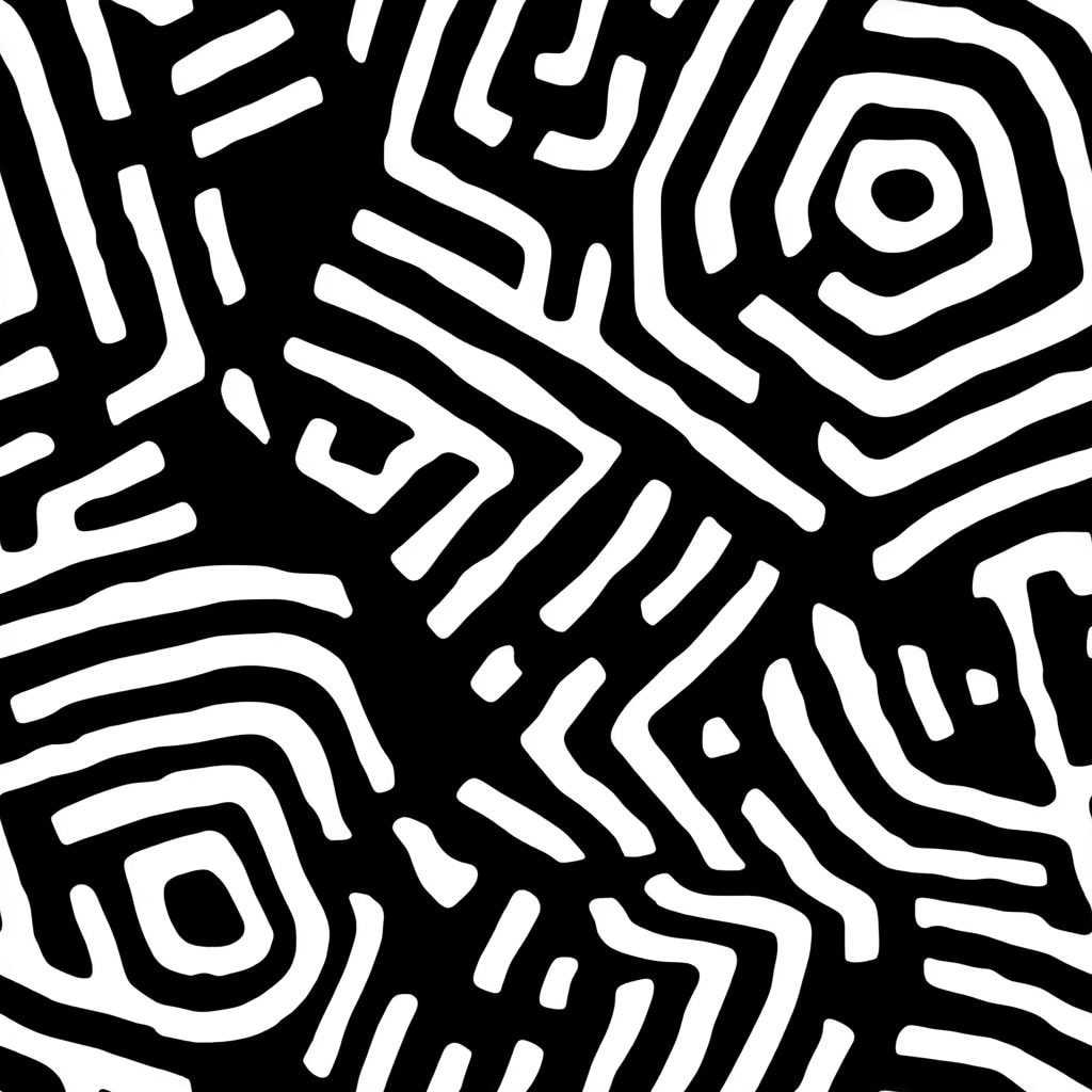 Black and white maze pattern with intricate lines and geometric shapes.