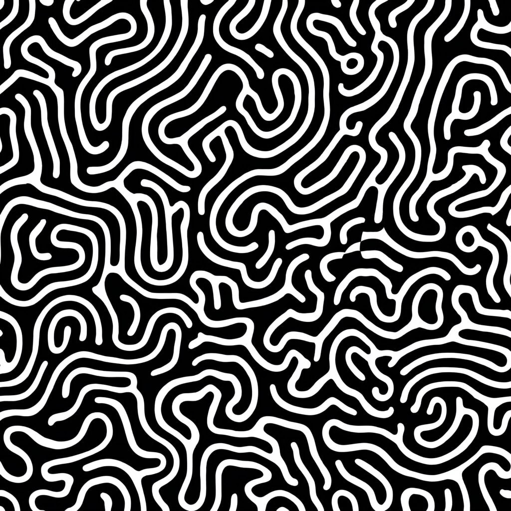 Abstract maze pattern in black and white for GRAINOFGOLD branding.