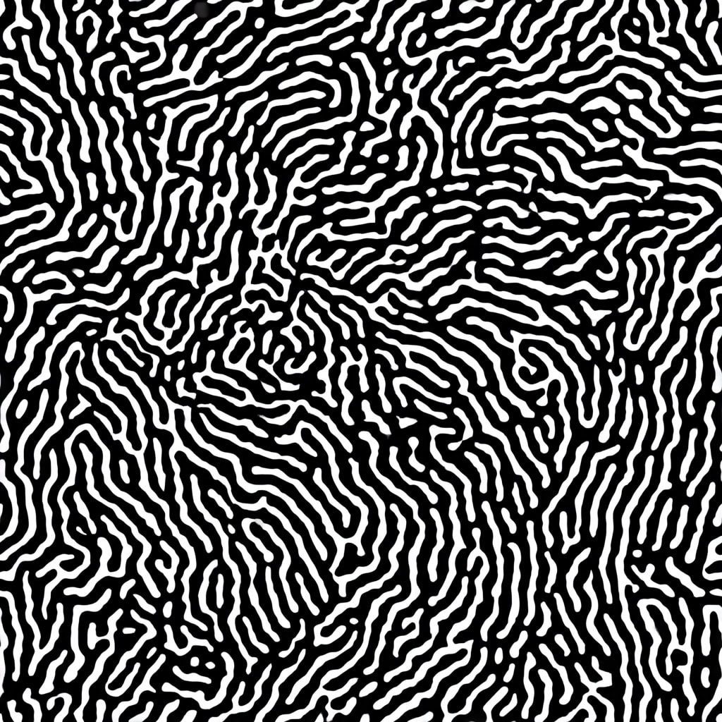 Intricate black and white abstract pattern with maze-like lines.