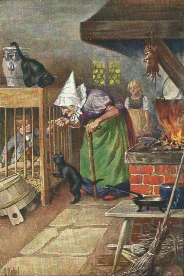 Mother with children in a rustic kitchen, caring for a black kitten in a cozy setting.