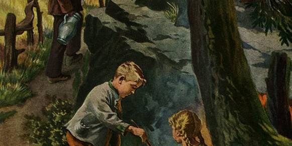 Children exploring a forest with a waterfall and trees in the background.