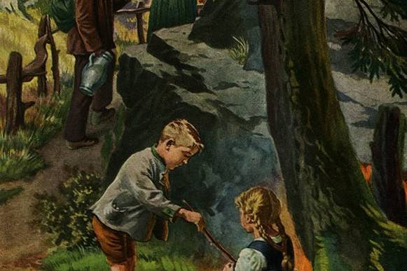 Children exploring a forest with a waterfall and trees in the background.