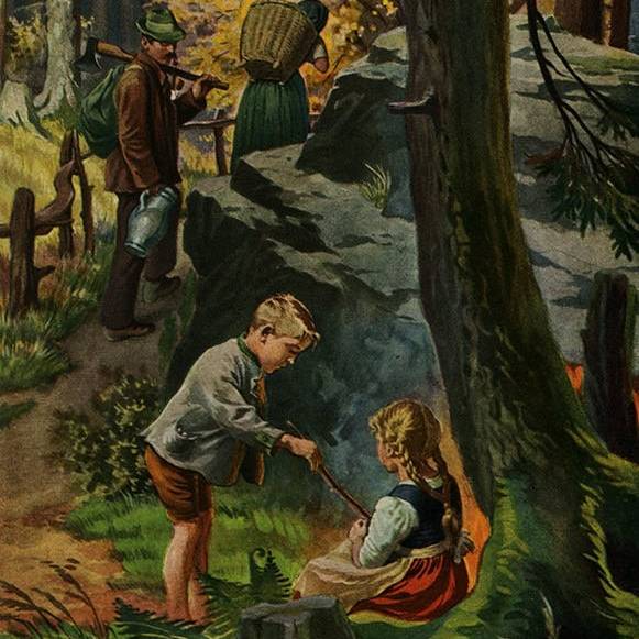 Children exploring a forest with a waterfall and trees in the background.