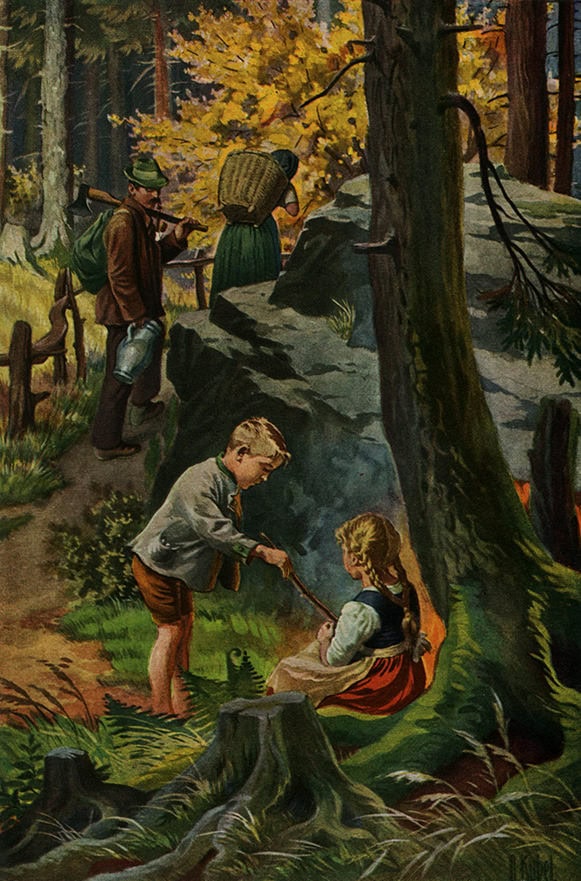 Children exploring a forest with a waterfall and trees in the background.