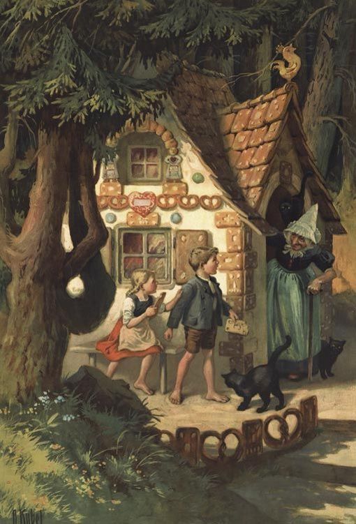 Children meeting a fairy tale character outside a whimsical house in the woods.