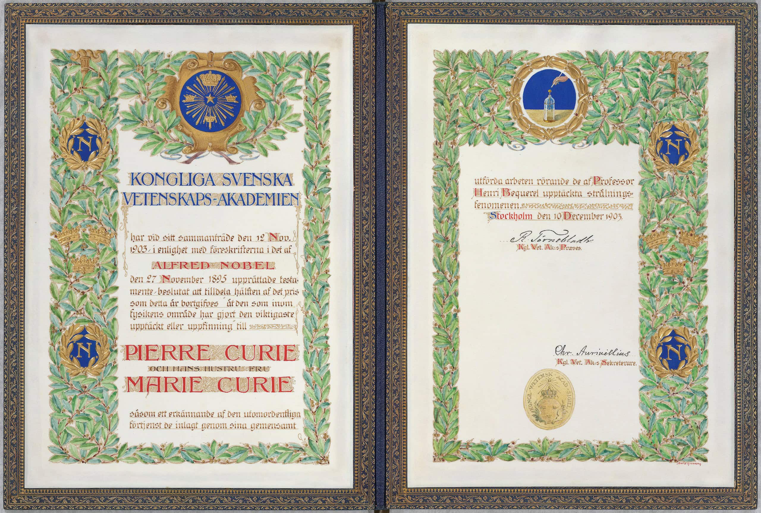 Vintage certificate from the Swedish Academy of Sciences for Pierre and Marie Curie.