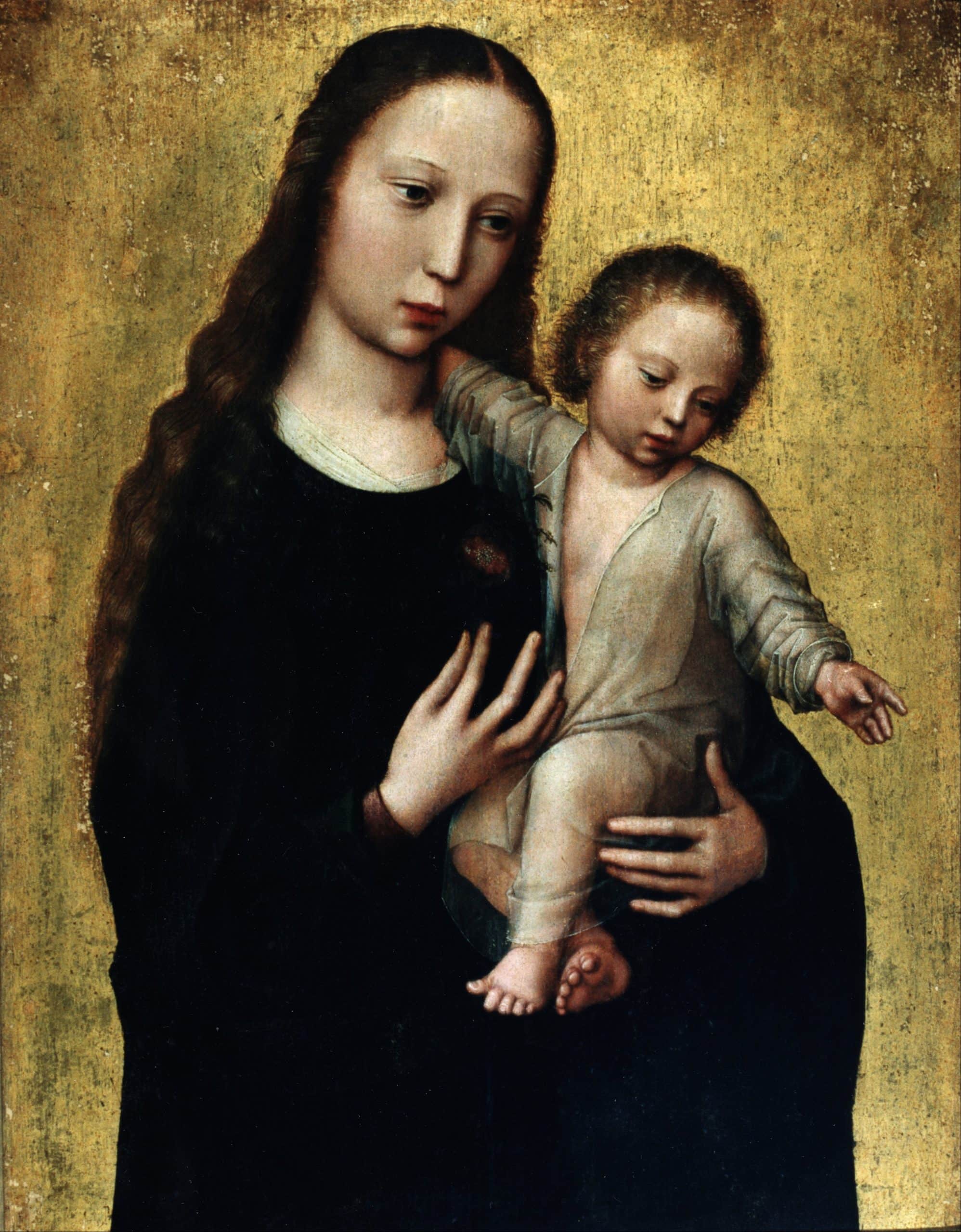 Religious painting of Virgin Mary holding baby Jesus with golden background.