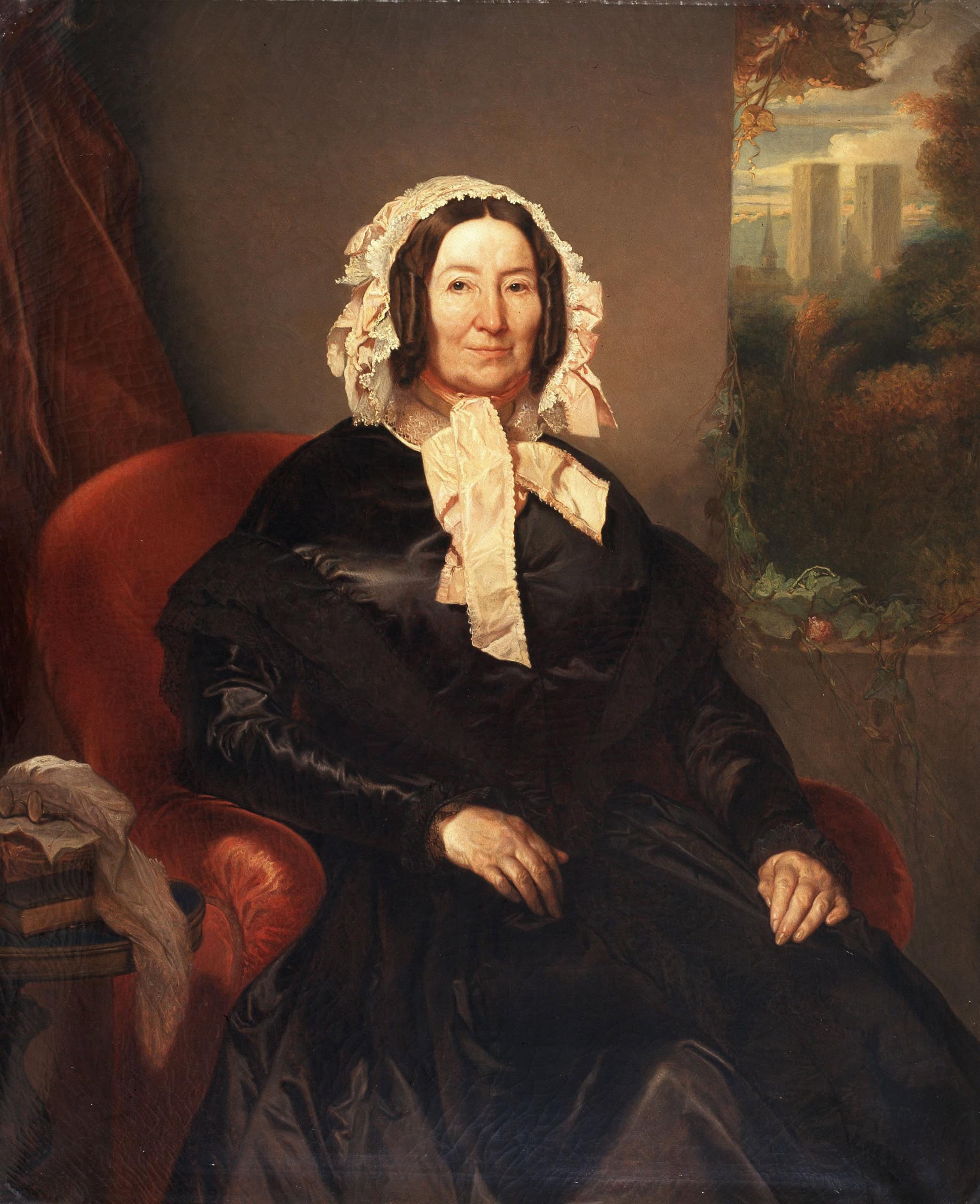 Portrait of a woman in 19th-century attire with a scenic background.