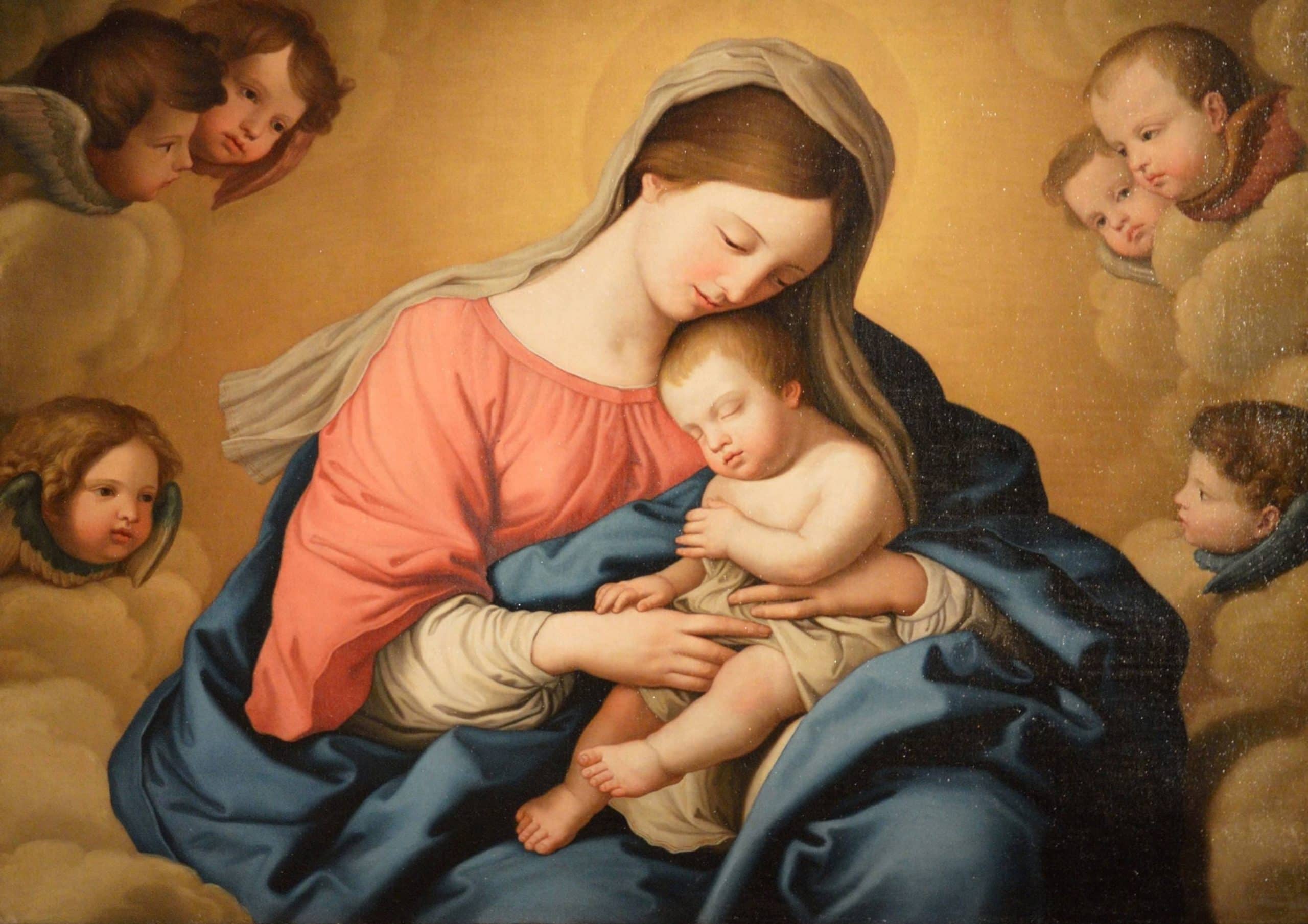Religious painting of Madonna and Child with angels, classic religious art.