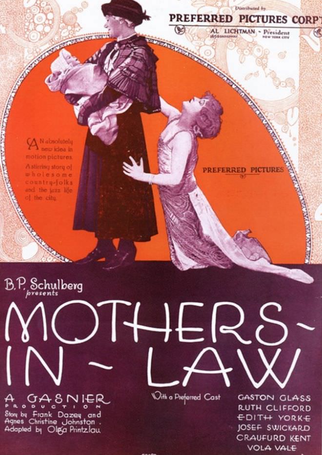 Vintage movie poster for Mothers in Law with women and children in 1920s style.