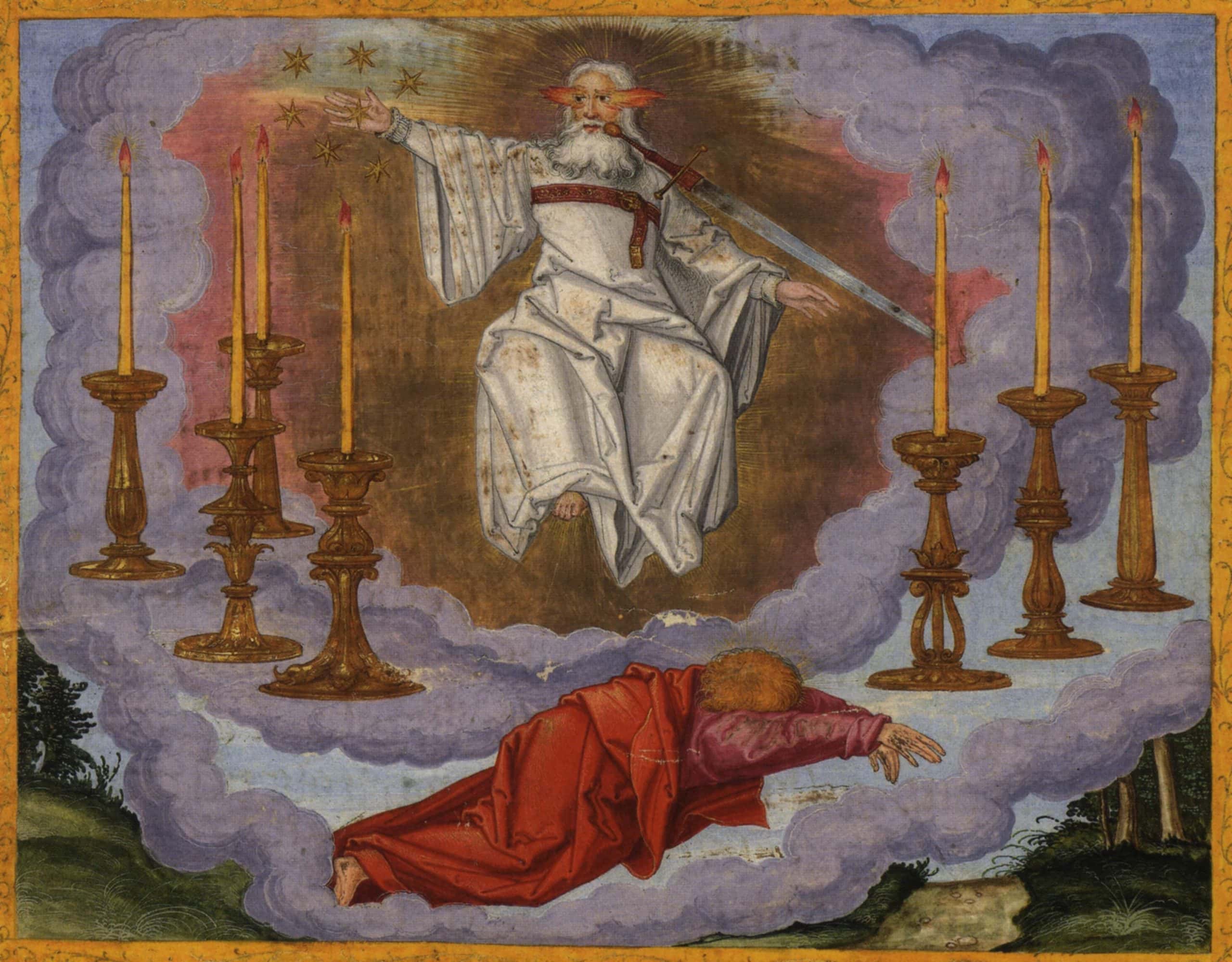Religious painting of Saint John the Evangelist in a divine vision with candles and angelic figure.