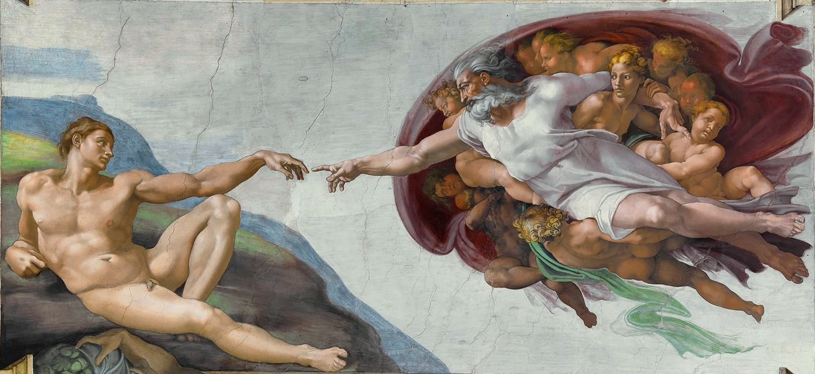 Famous Renaissance fresco depicting God giving life to Adam.