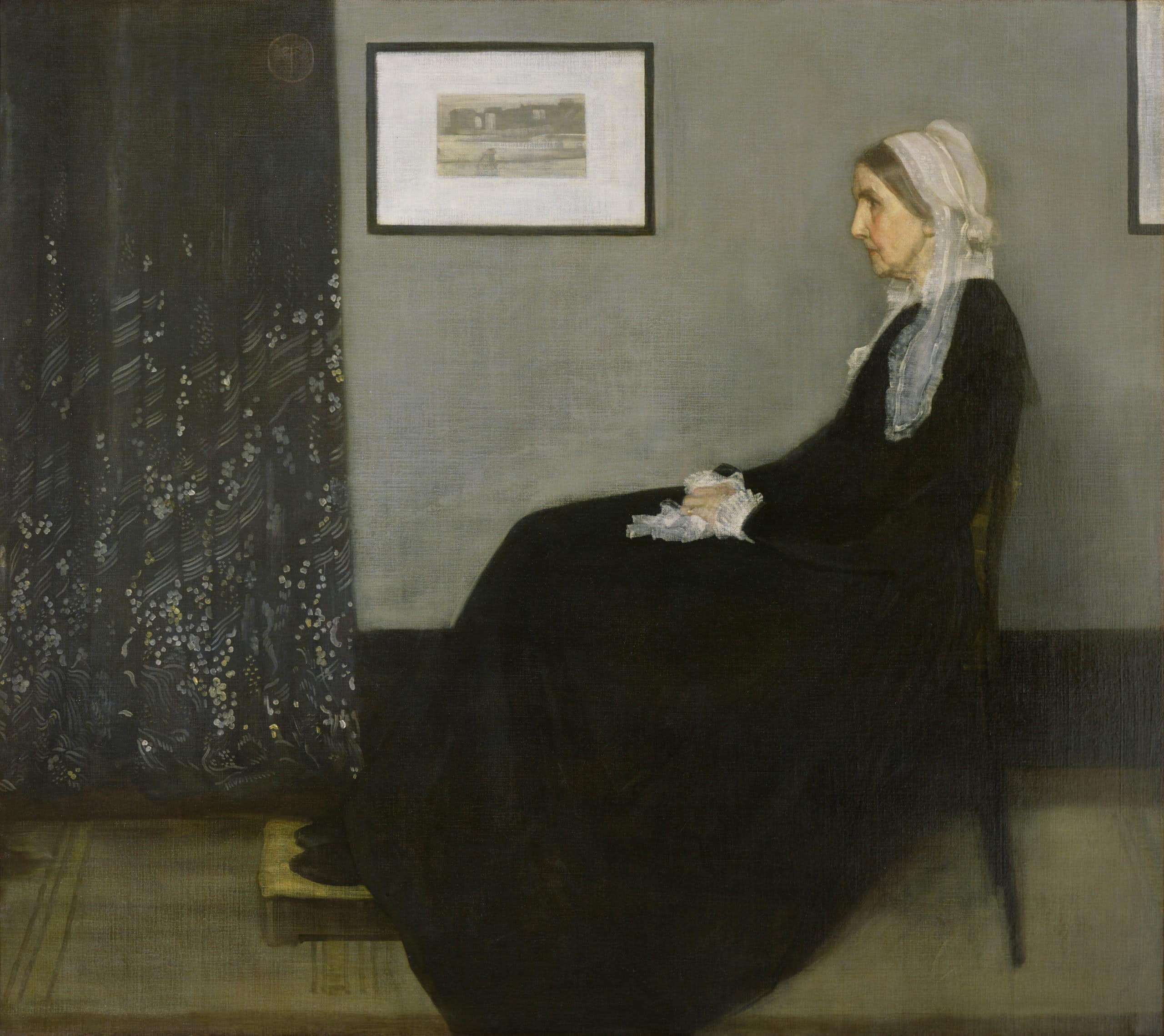 Painting of a woman in black sitting in a room with framed art.
